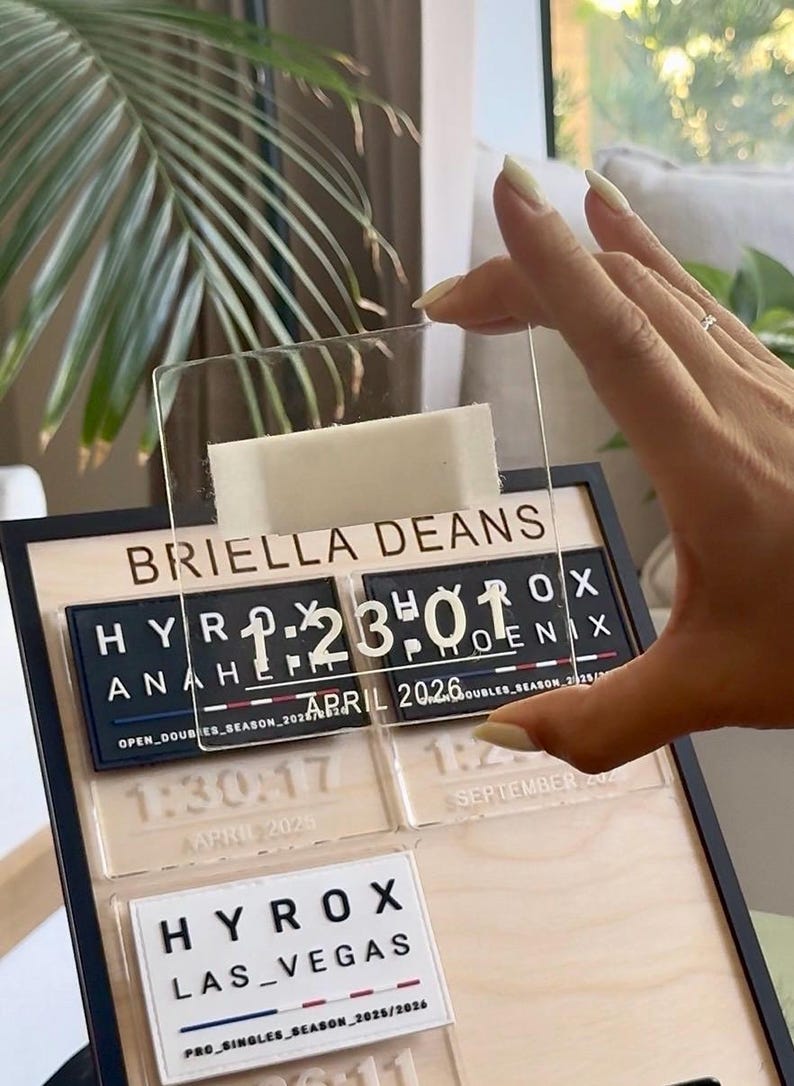 May include: A wooden desk calendar with a clear acrylic overlay. The calendar displays the name "BRIELLA DEANS" and event details, including "HYROX" and dates like "APRIL 2026". The time "1:23:01" is also visible. The calendar is held by a hand.