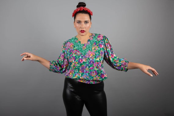 Gorgeous 1980s Floral Rainbow Retro Blouse/ Top. S