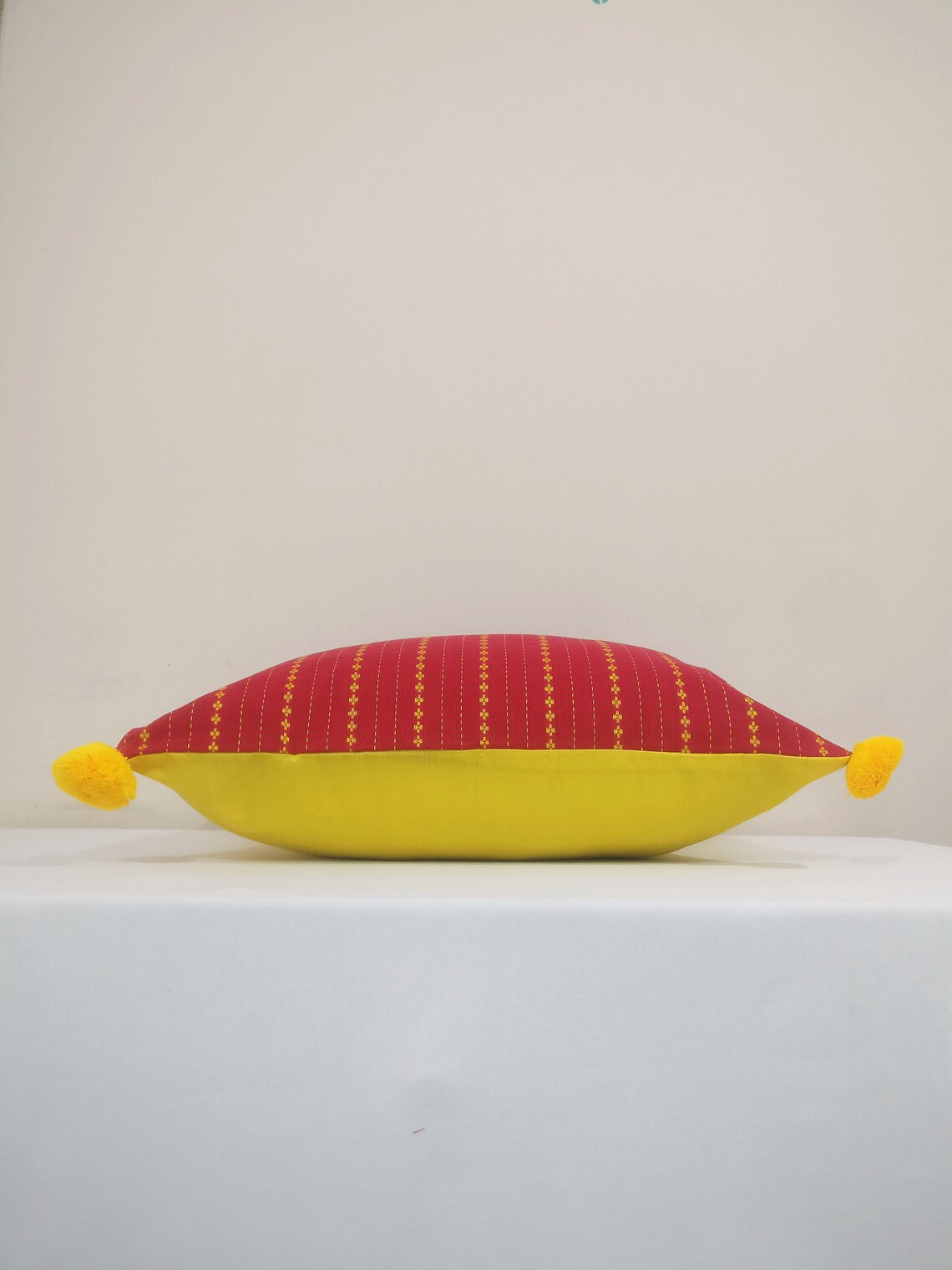 Red Yellow Pillow/ Red Pillow Cover/ Pillows With Pom Poms/ Etsy