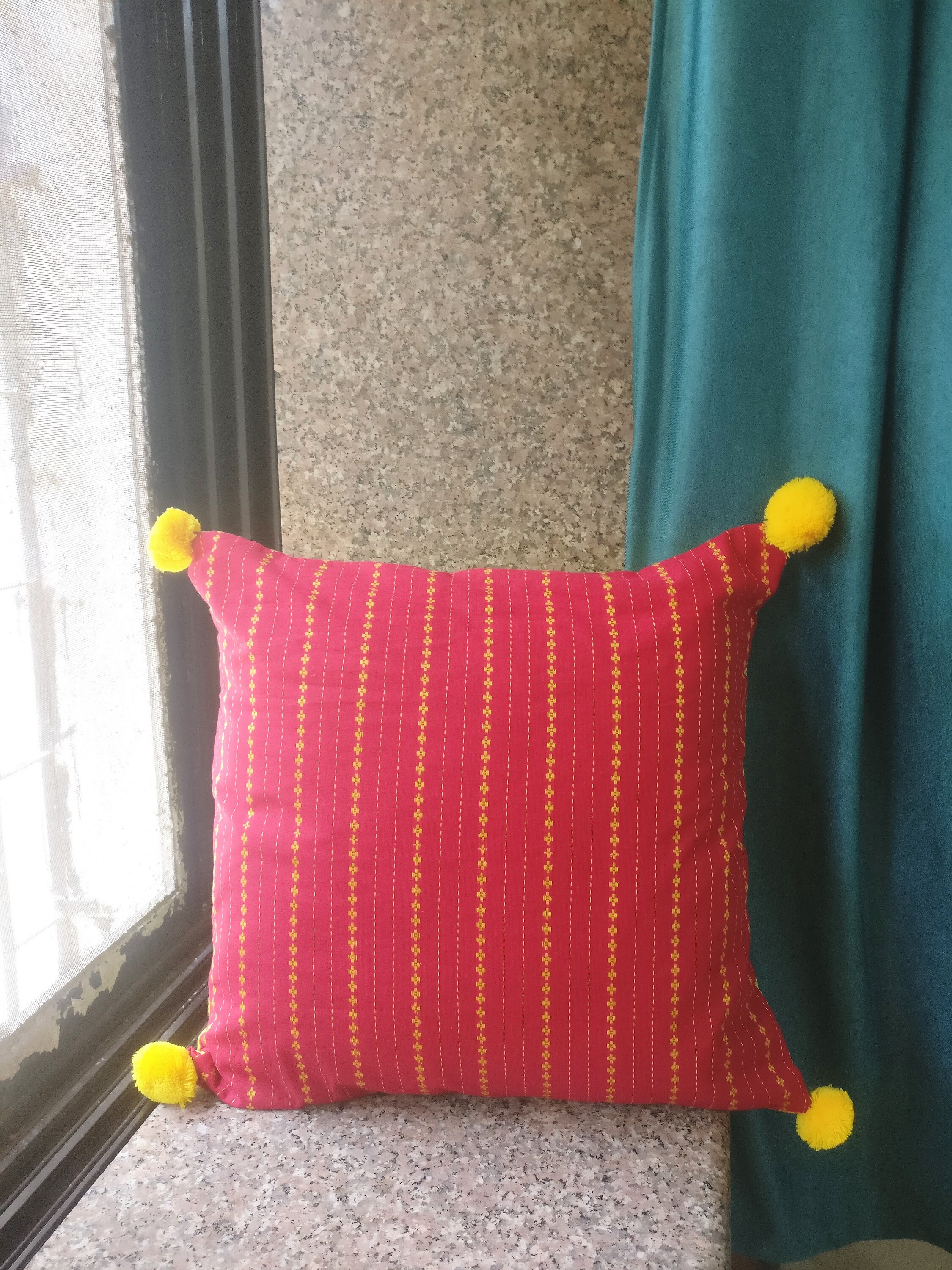 Red Yellow Pillow/ Red Pillow Cover/ Pillows With Pom Poms/ Etsy