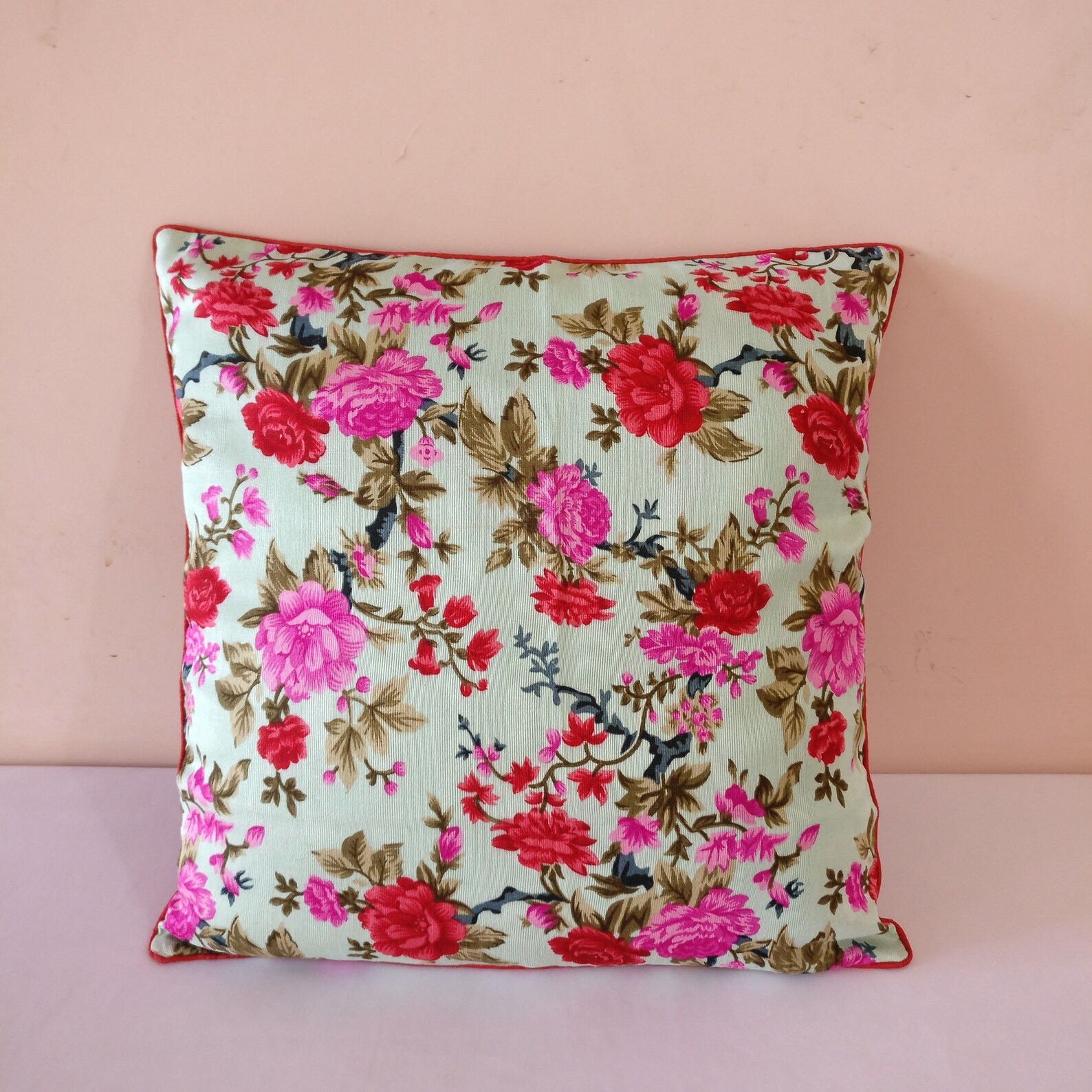 Mint Green Pillow/ Floral Pillow Cover/ Green & Red Pillow Etsy