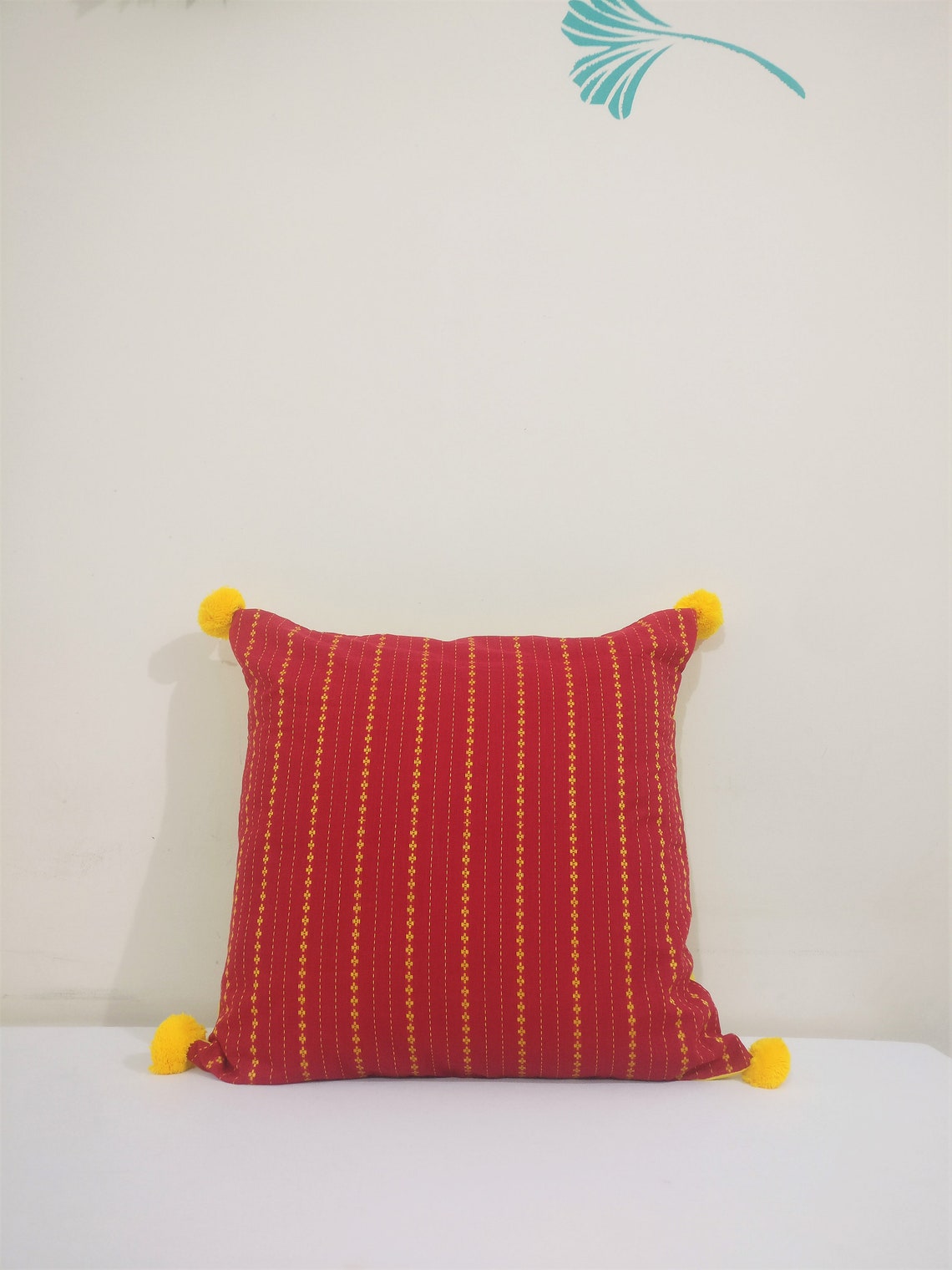 Red Yellow Pillow/ Red Pillow Cover/ Pillows With Pom Poms/ Etsy
