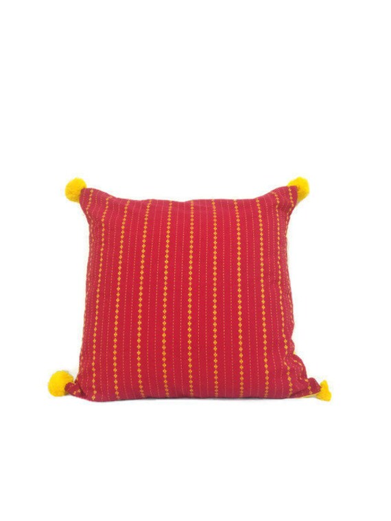 Red Yellow Pillow Red Pillow Cover Pillows With Pom Poms Etsy