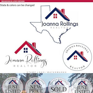 May include: Branding and marketing materials for a real estate agent named Joanna Rollings. The design features a red and blue house icon with the text "Joanna Rollings, Realtor" in a white cursive font. The materials include a business card, a Facebook cover, a "For Sale" sign, and several stamp logos with different real estate phrases.