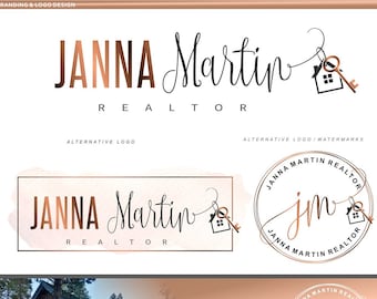 May include: A branding and logo design for a real estate agent named Janna Martin. The design features a rose gold color scheme with a house and key icon. The logo includes the text "Janna Martin Realtor" and the initials "jm". The design also includes a business card, a Facebook cover, and a "For Sale" sign.