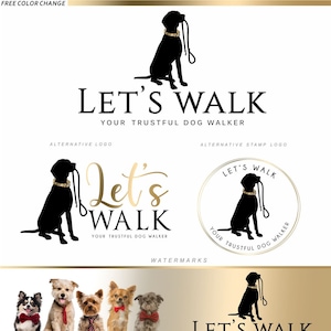 Peut inclure: Un design de logo noir et or pour une entreprise de promenade de chiens appelée "Let's Walk : Votre promeneur de chiens de confiance". Le logo représente une silhouette de chien assis avec une laisse dans sa gueule. Le logo est affiché sur divers supports marketing, notamment des cartes de visite, des icônes de médias sociaux et un bon de réduction.