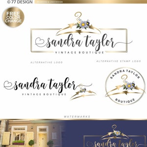 Pode incluir: Um design de logotipo para uma boutique vintage chamada "Sandra Taylor". O logotipo apresenta um cabide dourado com um design floral e o texto "Sandra Taylor Vintage Boutique" em uma fonte cursiva. O logotipo é exibido em vários mockups, incluindo um cartão de visita, uma capa de mídia social e um vale de desconto.