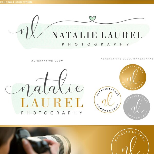 Logo Design, Premade Branding Kit, Photography logo package Watermark, Gold initials, Stamp Branding kit, Watercolor logo, Business 05