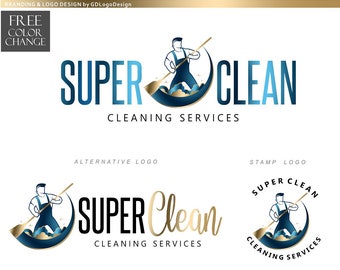 Cleaning logo design custom, Home service, Man broom, logo, House cleaning marketing kit Housekeeping logo Maid Logo Super clean design 221