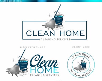 Puede incluir: Diseño de marca y logotipo para un servicio de limpieza llamado "Clean Home". El logotipo presenta un cubo azul, una escoba y estrellas brillantes. El diseño se utiliza en varios materiales de marketing, incluidas tarjetas de visita, redes sociales y tarjetas de fidelización.