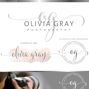 K&ouml;nnte beinhalten: Branding und Logo-Design f&uuml;r ein Fotogesch&auml;ft namens Olivia Gray. Das Logo zeigt ein Aquarell-Design mit dem Namen Olivia Gray in einer kursiven Schriftart. Das Logo enth&auml;lt auch die Initialen "OG" in einem Kreis. Das Design umfasst eine Visitenkarte, ein Facebook-Cover, eine E-Mail-Signatur, eine Dankeskarte und eine Terminkarte.
