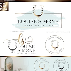 Puede incluir: Un kit de marca para un negocio de diseño de interiores llamado Louise Simone Interior Design. El kit incluye un logotipo, una tarjeta de visita, una portada de Facebook, un avatar, una firma de correo electrónico, una tarjeta de agradecimiento y un vale de descuento. El logotipo presenta una silla estilizada con estrellas y un corazón dorado.