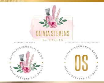 Könnte beinhalten: Branding und Logo-Design für Olivia Stevens Nail Salon. Das Logo zeigt eine Aquarell-Illustration von Nagellack, Nagelknipser und einer rosa Rose mit grünen Blättern. Der Text "Olivia Stevens Nail Salon" ist in goldenen Buchstaben.