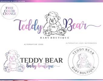 Logotipo da boutique de bebês Marca Teddy Bear, Loja de moda infantil, Logotipo da loja de bebês, Kit de marca rosa fofo Marca d'água Consignação de roupas para bebês 213