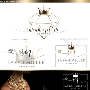 Design de logotipo de joias, pacote de logotipo pré-fabricado Diamond Crown, logotipo geométrico dourado, kit de marca, marca d'água, pacote personalizado, conjunto de logotipo boutique 102