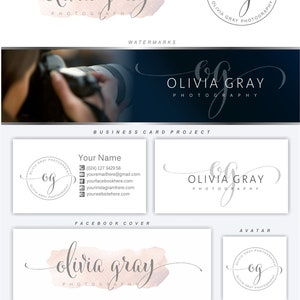 K&ouml;nnte beinhalten: Ein Branding-Kit f&uuml;r ein Fotogesch&auml;ft namens Olivia Gray Photography. Das Kit enth&auml;lt ein Logo, ein Wasserzeichen, eine Visitenkarte, ein Facebook-Cover, eine E-Mail-Signatur, einen Avatar und eine Treuekarte. Das Logo zeigt ein Aquarell-Design mit dem Namen Olivia Gray in einer Schreibschrift.