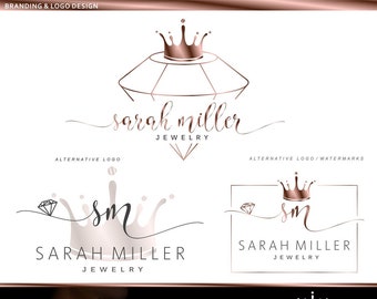 Jewelry logo design, Diamond Crown premade logo package, Rose Gold Geometric, Branding Kit, Watermark, Custom package, Boutique logo set 102