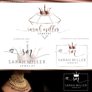 Jewelry logo design, Diamond Crown premade logo package, Rose Gold Geometric, Branding Kit, Watermark, Custom package, Boutique logo set 102