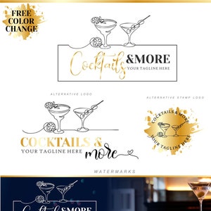 May include: A gold and black logo design for a business called "Cocktails & More". The logo features a line drawing of two martini glasses with olives and a lemon slice. The text "Cocktails & More" is written in a cursive font with the tagline "Your Tagline Here" underneath. The logo is shown in various formats, including a business card, a Facebook cover, and an avatar.