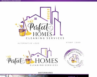 Design de logotipo de serviço de limpeza, logotipo residencial comercial Home Kit de marketing de limpeza de casa Logotipo de empregada doméstica, logotipo de casa comercial 259