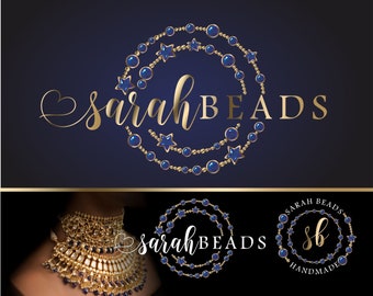 Logotipo de joias artesanais, design de logotipo boutique, design de artista artesanal, kit de marca de logotipo charmoso, marca d'água, pacote artístico personalizado, contas douradas 275