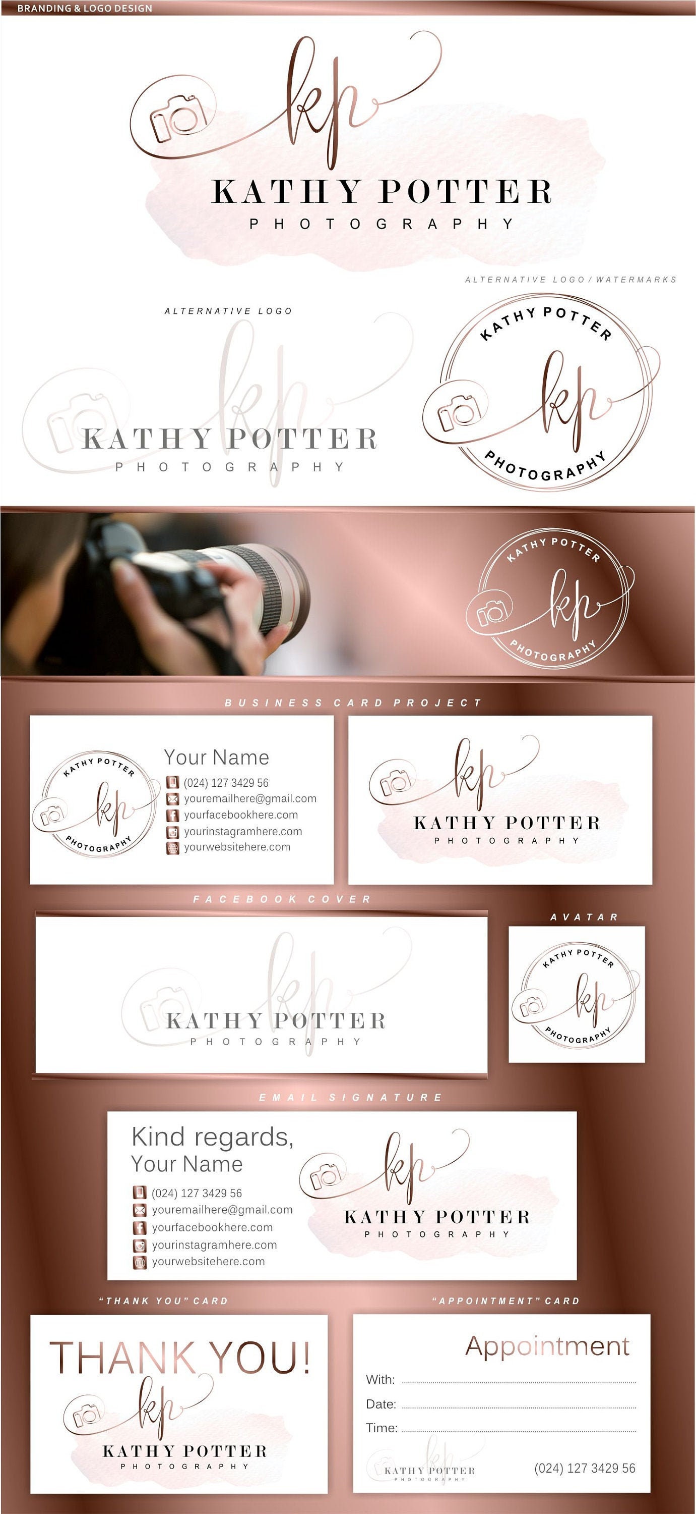 Photography logo design, Camera branding kit, Premade logo package, Rose Gold logo, Watermark, logo package, Marketing Custom package, 70