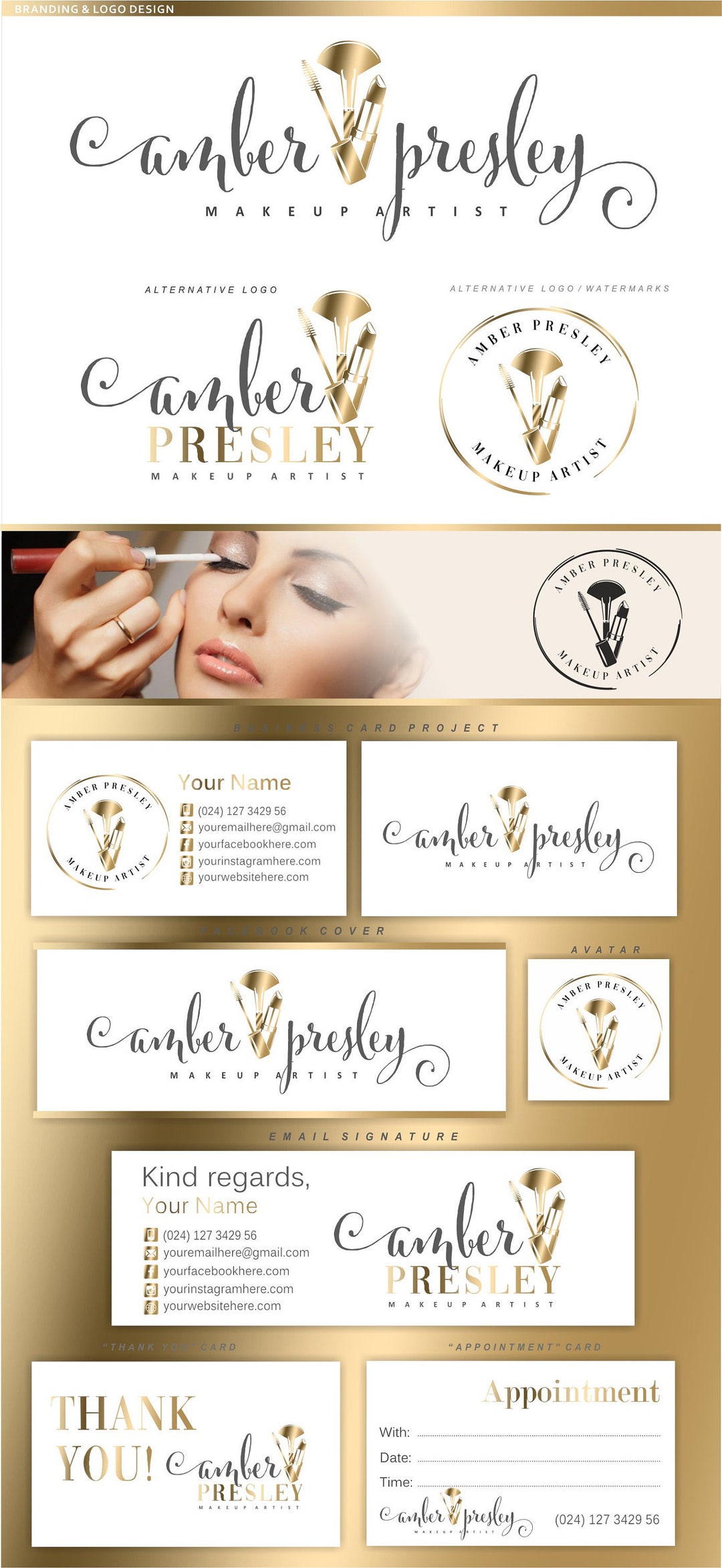 Makeup Logo Design Beauty Artist Lipstick Branding Kit Gold - Etsy