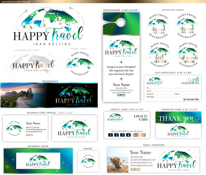 Travel logo, Adventure Branding Kit, World map trip design, travel blogger, Globe, Travel agent business card, airplane logo, Trip agent 291 image 2