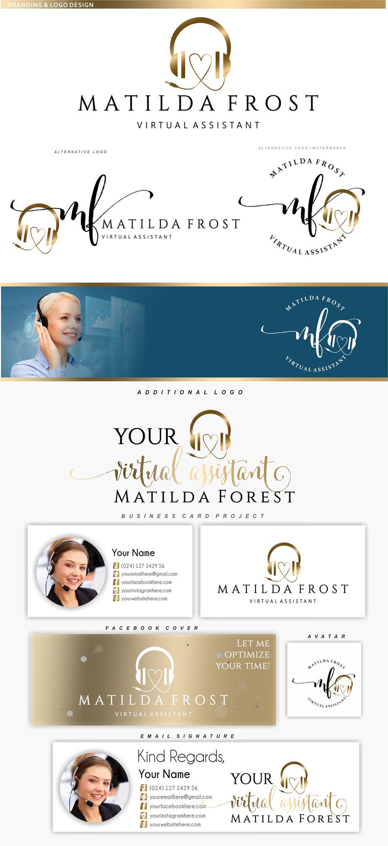 May include: Branding and logo design for a virtual assistant named Matilda Frost. The logo features a gold headset with a heart symbol. The design includes a business card, Facebook cover, email signature, and avatar.