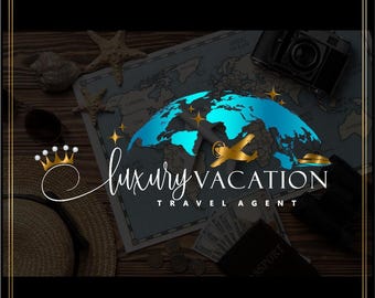 Travel Agent Logo Design, Vacation Branding Kit, World Map, Globe (Digital Files)