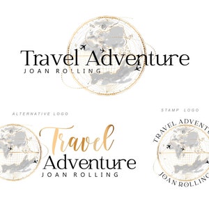 Logo di viaggio, kit di branding per avventure, progettazione di viaggi con mappa del mondo, blogger di viaggio, globo, biglietto da visita per agente di viaggio, aereo, agente di viaggio 294