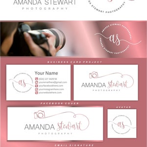 May include: Branding and logo design for a photography business named "Amanda Stewart Photography". The logo features a stylized camera icon and the name in a cursive font. The design is in pink and white.