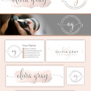K&ouml;nnte beinhalten: Eine Visitenkarten-Designvorlage f&uuml;r eine Fotografin namens Olivia Gray. Die Vorlage zeigt ein Aquarell-Logo mit dem Namen Olivia Gray und den Worten "Fotografie" in einer Schreibschrift. Die Vorlage enth&auml;lt auch eine Visitenkarte mit Kontaktinformationen und eine Dankeskarte mit demselben Logo.