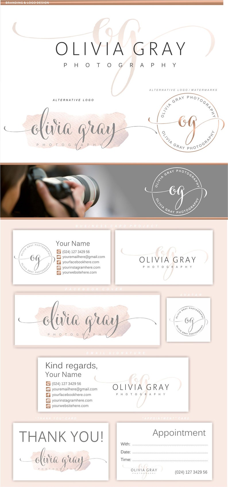 K&ouml;nnte beinhalten: Eine Visitenkarten-Designvorlage f&uuml;r eine Fotografin namens Olivia Gray. Die Vorlage zeigt ein Aquarell-Logo mit dem Namen Olivia Gray und den Worten "Fotografie" in einer Schreibschrift. Die Vorlage enth&auml;lt auch eine Visitenkarte mit Kontaktinformationen und eine Dankeskarte mit demselben Logo.