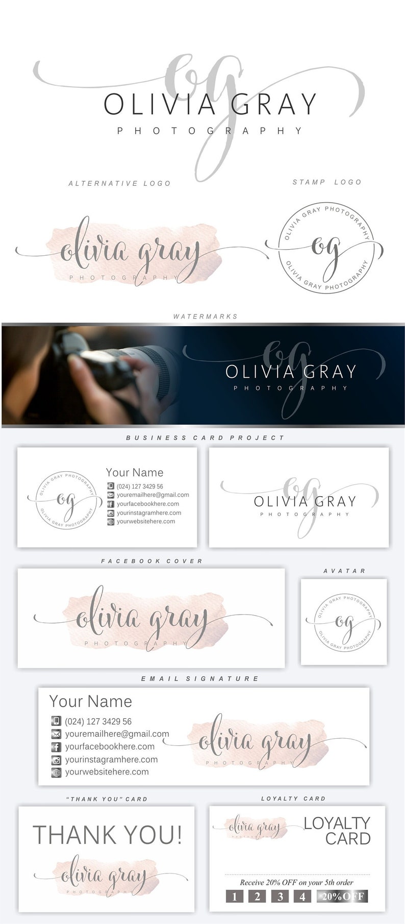 K&ouml;nnte beinhalten: Ein Branding-Kit f&uuml;r ein Fotogesch&auml;ft namens Olivia Gray Photography. Das Kit enth&auml;lt ein Logo, ein Wasserzeichen, eine Visitenkarte, ein Facebook-Cover, eine E-Mail-Signatur, einen Avatar und eine Treuekarte. Das Logo zeigt ein Aquarell-Design mit dem Namen Olivia Gray in einer Schreibschrift.