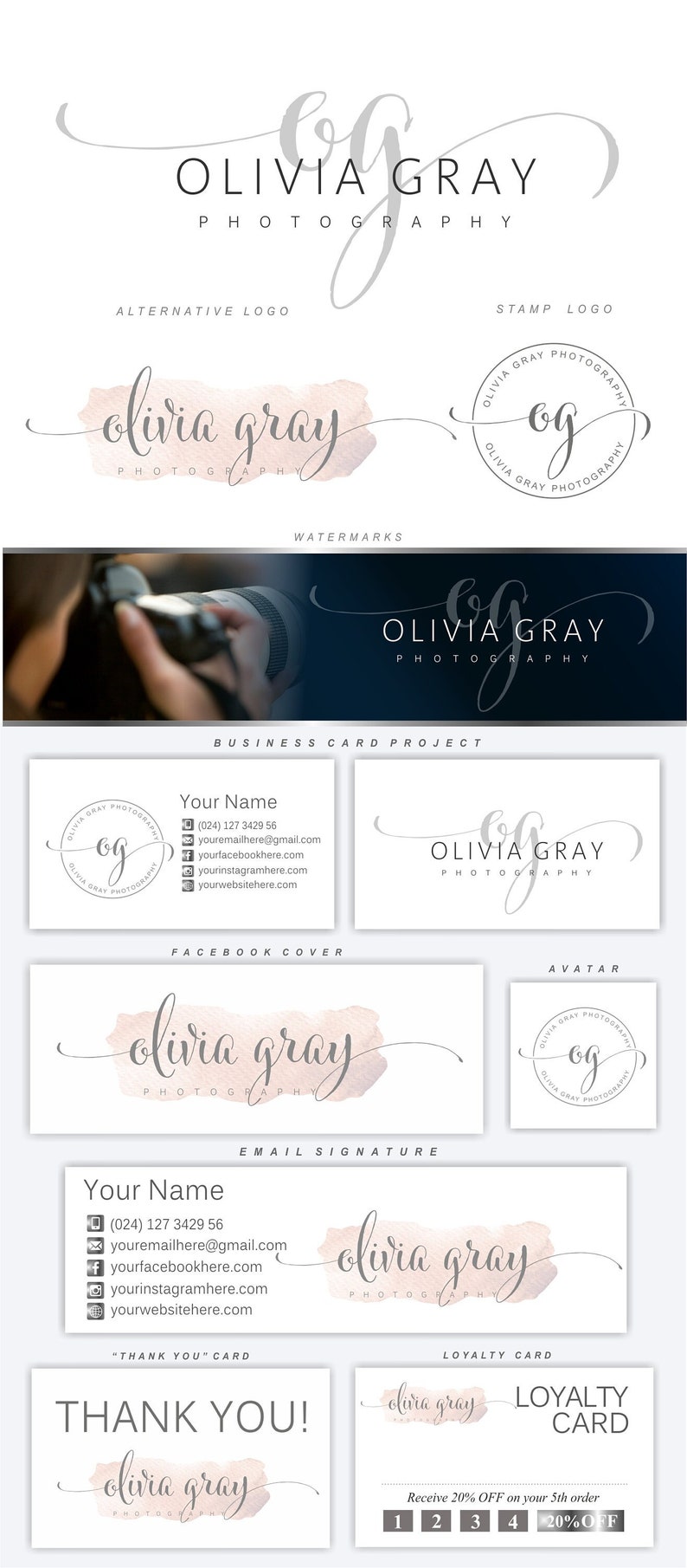 Photography logo package, Premade Initials logo, Branding Kit, Blog logo design, Watermark, Stamp, Custom business package, Logo package, 15 image 2