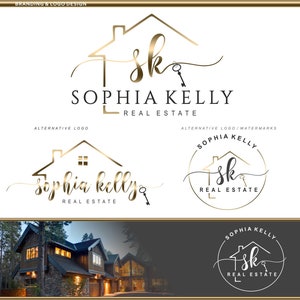 May include: A gold and white logo design for a real estate company called "Sophia Kelly Real Estate". The logo features a stylized house with a key and the initials "SK" in a cursive font.