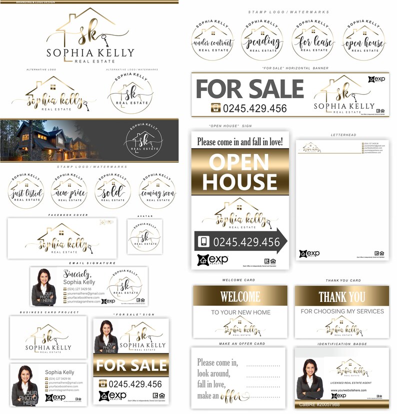 May include: A set of real estate marketing materials featuring a gold and black color scheme with the name "Sophia Kelly" and the text "For Sale" and "Open House". The materials include a business card, a welcome card, a thank you card, a make an offer card, an identification badge, a letterhead, a Facebook cover, a stamp logo, an avatar, and a for sale sign.