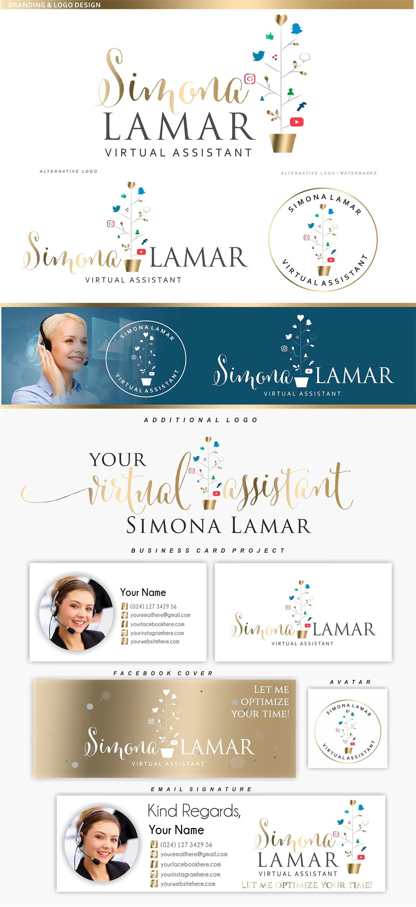 Virtual assistant logo design, Online business branding, Social media icon tree Branding kit Blog logo Branding material freelancer Call 163