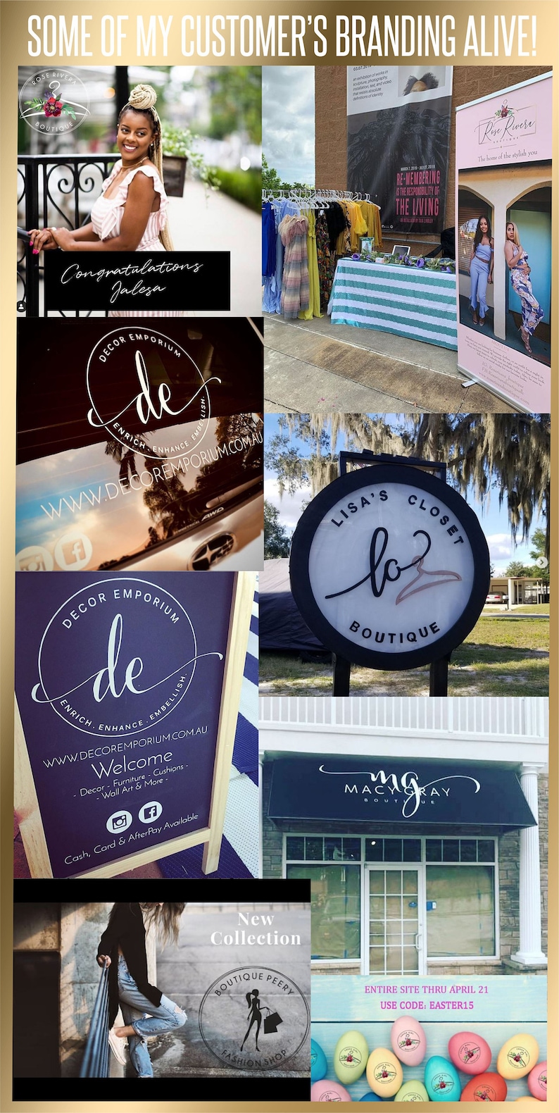 K&ouml;nnte beinhalten: Eine Collage aus Bildern, die verschiedene kleine Unternehmen zeigen, darunter ein Bekleidungsgesch&auml;ft, ein Einrichtungsgesch&auml;ft und ein Gesch&auml;ft f&uuml;r Sch&ouml;nheitsprodukte. Die Bilder zeigen Schilder, Schaufenster und Produkte.