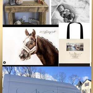 May include: A collage of images showcasing various branding elements for different businesses. The images include a wreath, a birdhouse, a sign with the text "Donna Yo Photography", a tote bag with the text "Gloria Arencia Portraits", a horse, a van with the text "Tracy Pearce Interior Design", and a jar of cream with the text "Tracy Pearce Interior Design".
