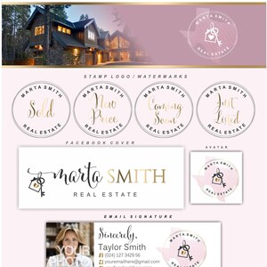 May include: Branding and logo design for a real estate agent named Marta Smith. The design features a pink and gold color scheme with a house and key icon. The logo is displayed on various marketing materials, including a business card, social media cover, and a "for sale" sign.