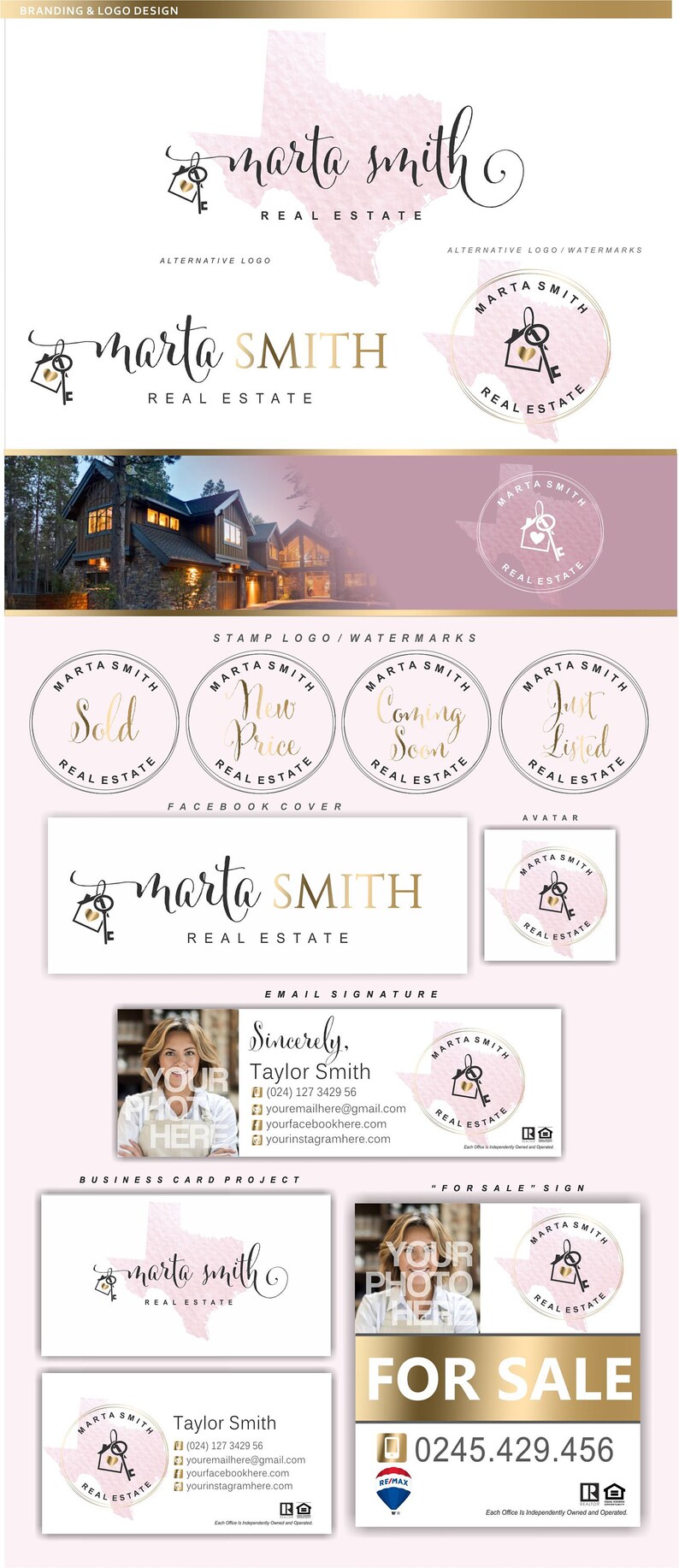 May include: Branding and logo design for a real estate agent named Marta Smith. The design features a pink and gold color scheme with a house and key icon. The logo is displayed on various marketing materials, including a business card, social media cover, and a "for sale" sign.