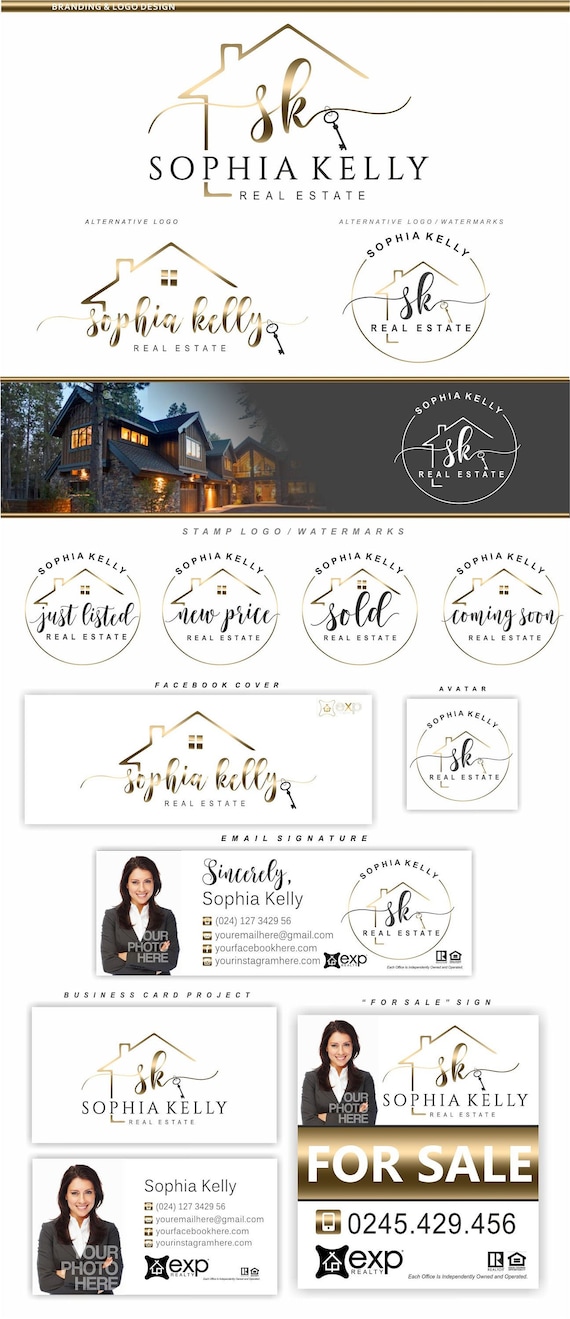 Realtor Logos, Exp Real Estate Logos, Realtor Branding, Real Estate Branding, Simple Realtor Logo Design, House key gold branding kit 242