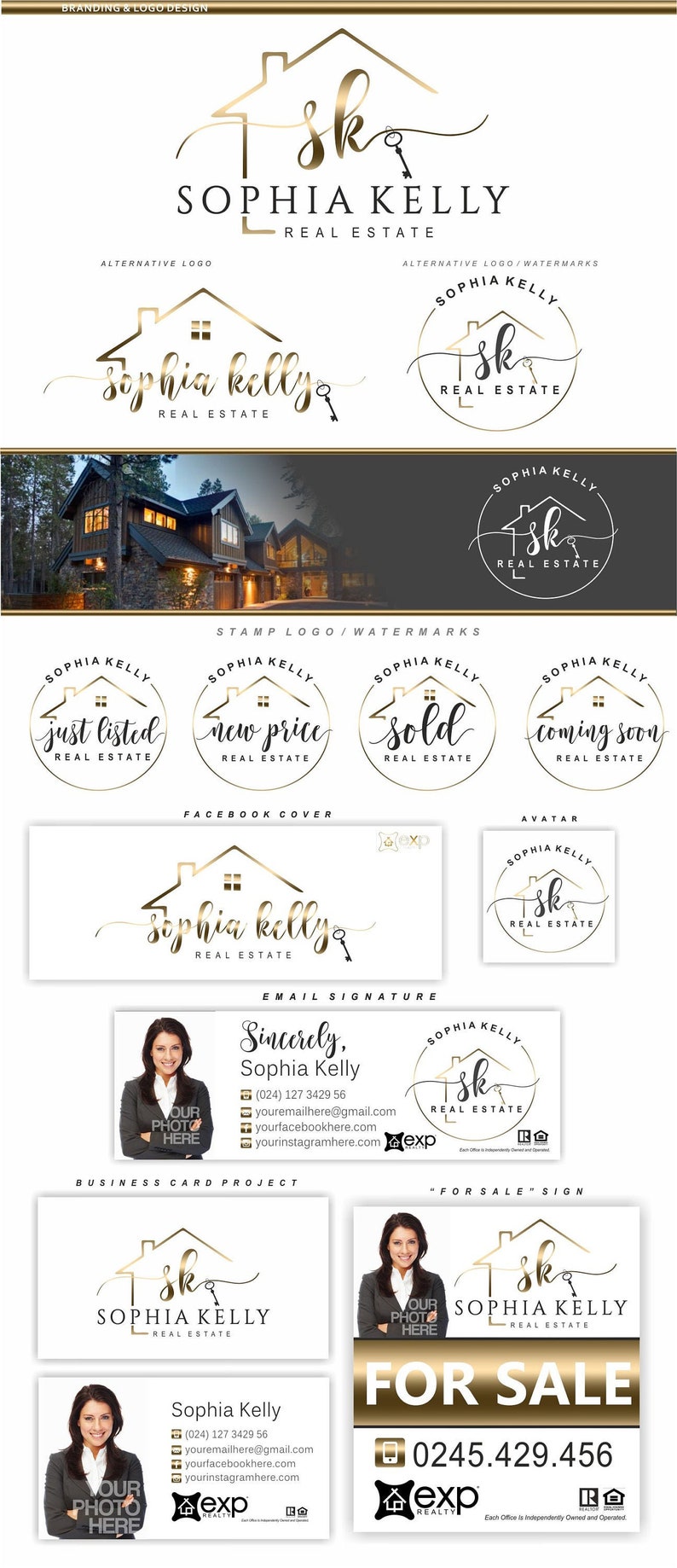 May include: Branding and logo design for a real estate agent named Sophia Kelly. The logo features a house with a key and the initials "SK". The design includes a business card, Facebook cover, email signature, and "for sale" sign.