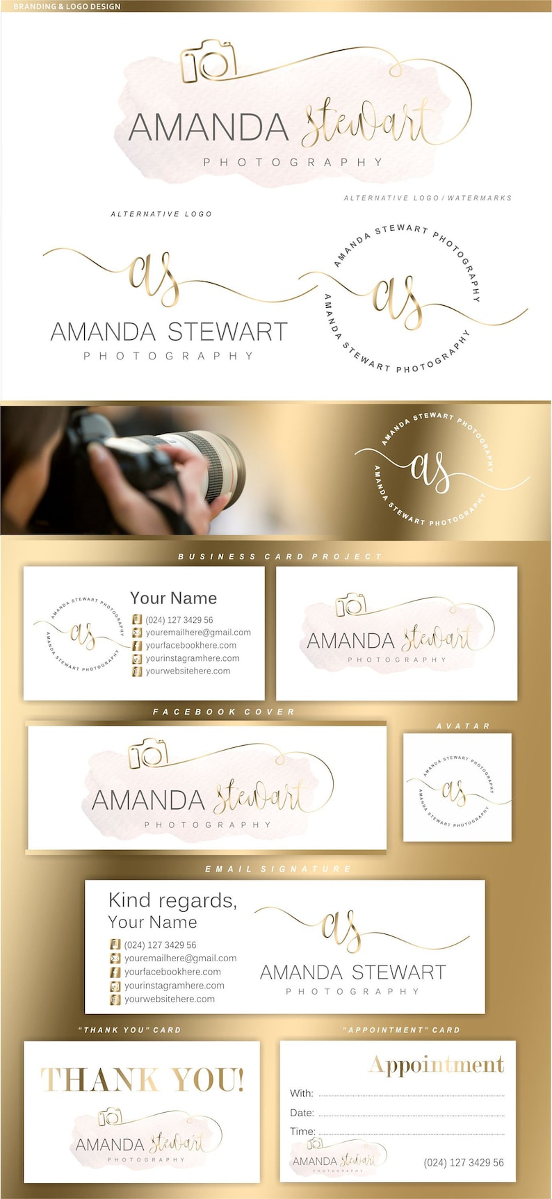 May include: Branding and logo design for a photography business called "Amanda Stewart Photography". The logo features a gold camera icon with a pink watercolor background. The business card design includes the logo, contact information, and social media links.