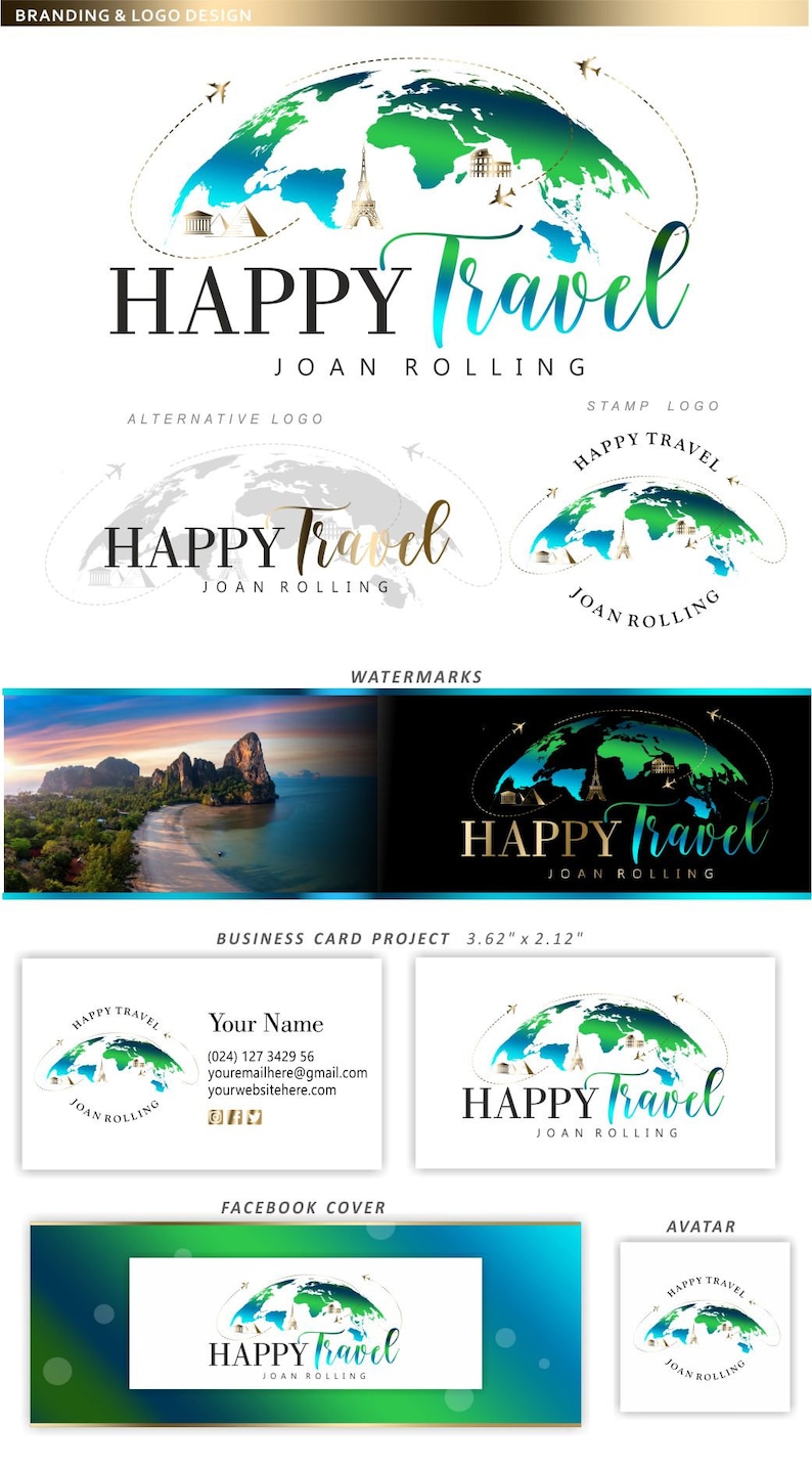 Travel logo, Adventure Branding Kit, World map trip design, travel blogger, Globe, Travel agent business card, airplane logo, Trip agent 291 image 3