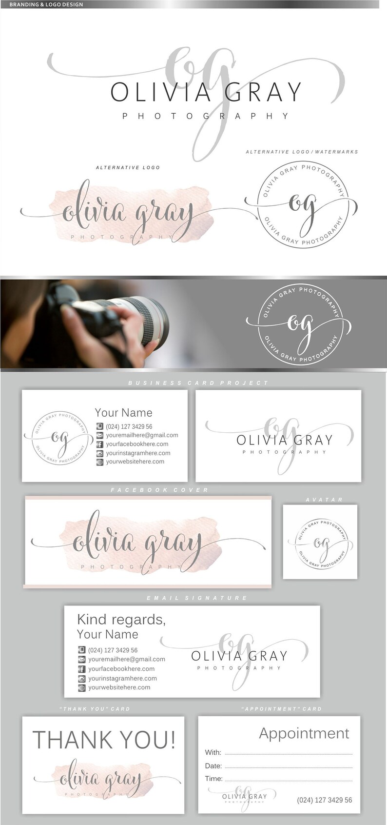 K&ouml;nnte beinhalten: Branding und Logo-Design f&uuml;r ein Fotogesch&auml;ft namens Olivia Gray. Das Logo zeigt ein Aquarell-Design mit dem Namen Olivia Gray in einer kursiven Schriftart. Das Logo enth&auml;lt auch die Initialen "OG" in einem Kreis. Das Design umfasst eine Visitenkarte, ein Facebook-Cover, eine E-Mail-Signatur, eine Dankeskarte und eine Terminkarte.