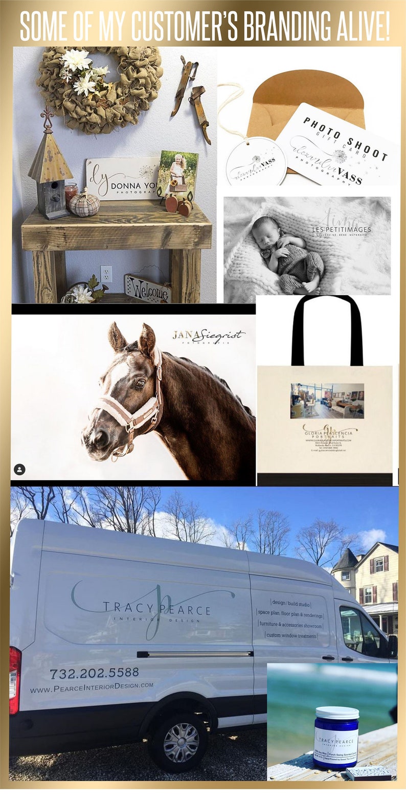 K&ouml;nnte beinhalten: Eine Collage aus Bildern, die verschiedene Branding-Elemente f&uuml;r verschiedene Unternehmen zeigen. Die Bilder beinhalten einen Kranz, ein Vogelhaus, ein Schild mit dem Text "Donna Yo Photography", eine Tragetasche mit dem Text "Gloria Arencia Portraits", ein Pferd, einen Lieferwagen mit dem Text "Tracy Pearce Interior Design" und ein Glas Creme mit dem Text "Tracy Pearce Interior Design".