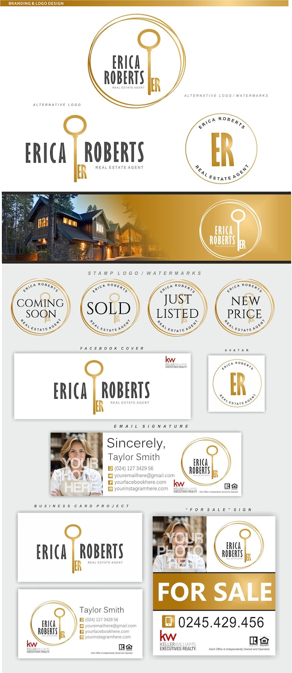 Real Estate logo design, Realtor logo, Custom initials key logo, Key logo, Gold keyence, Realty Logo design, Broker branding kit resltor 38